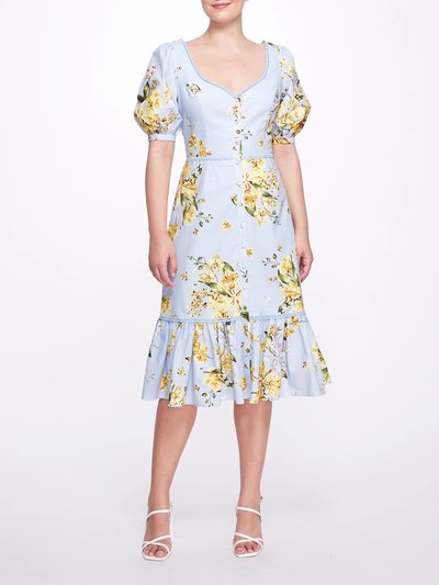 Marchesa Notte Sweetheart Neckline Floral Print Fitted Midi Dress - Dusty Blue product