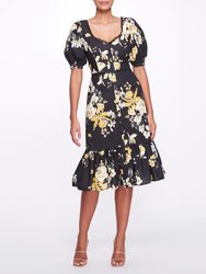 Sweetheart Neckline Floral Print Fitted Midi Dress - Black