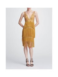 V-Neck Fringe Cocktail Dress - Gold