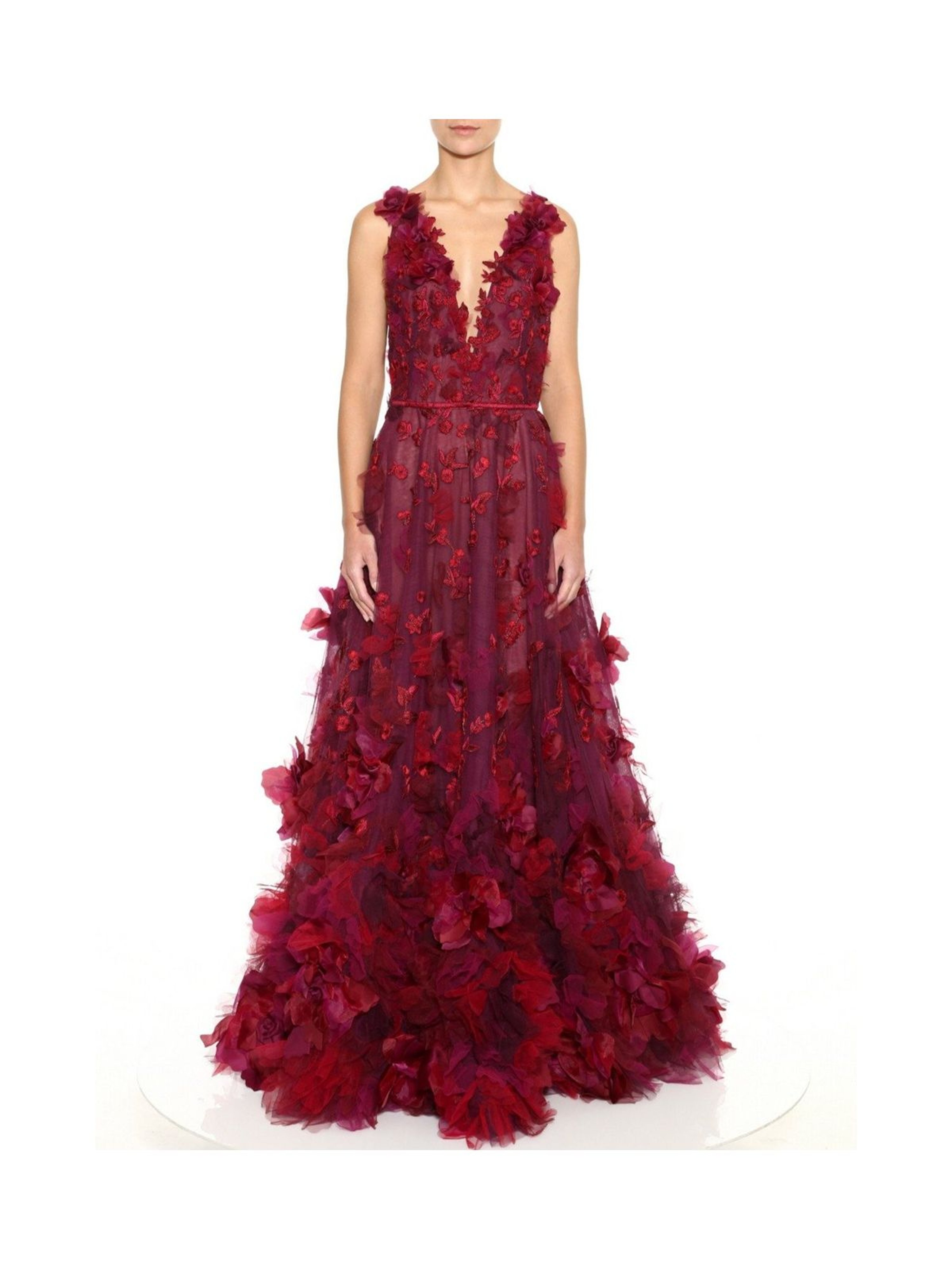 Marchesa Plunging V-neckline A-line Gown In Red