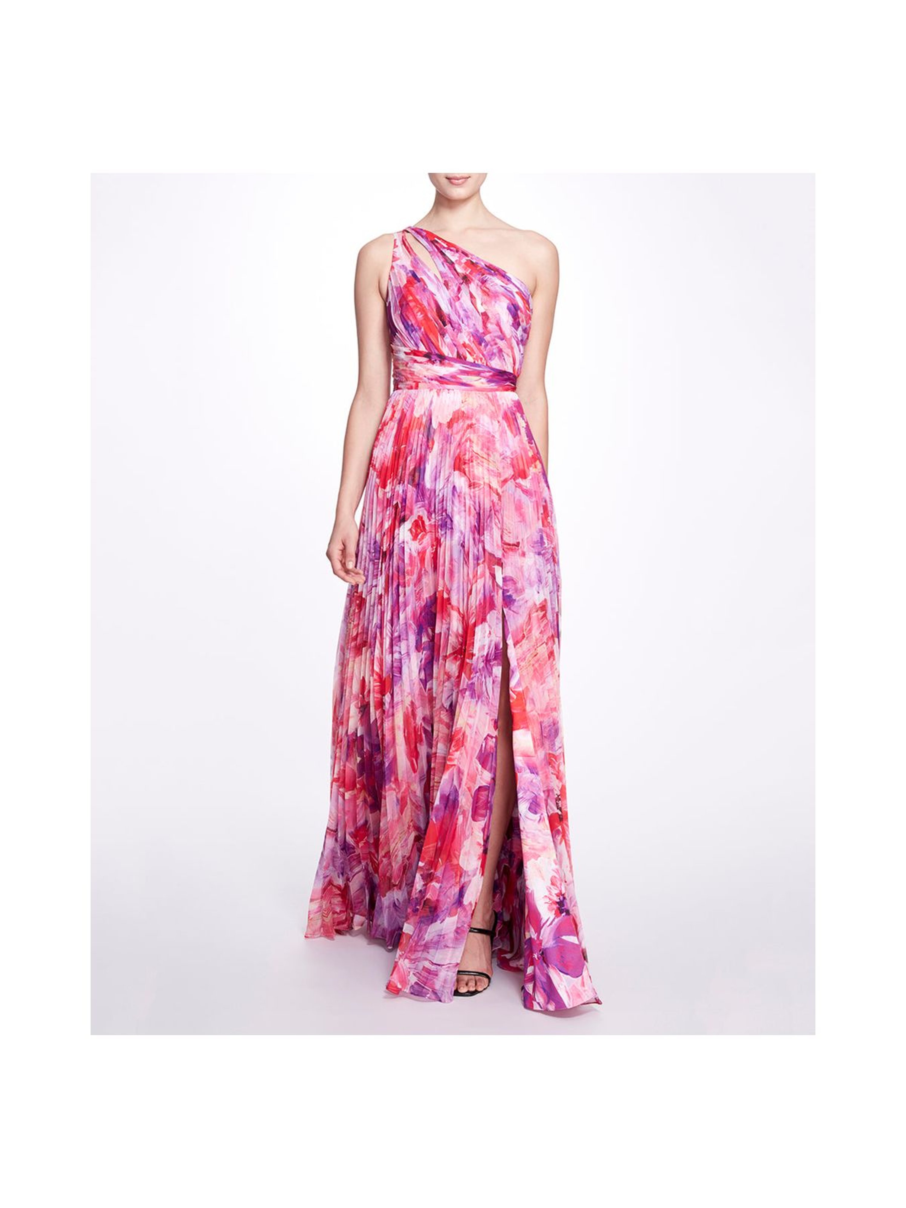 Marchesa Notte Printed Chiffon Pleated Gown In Pink