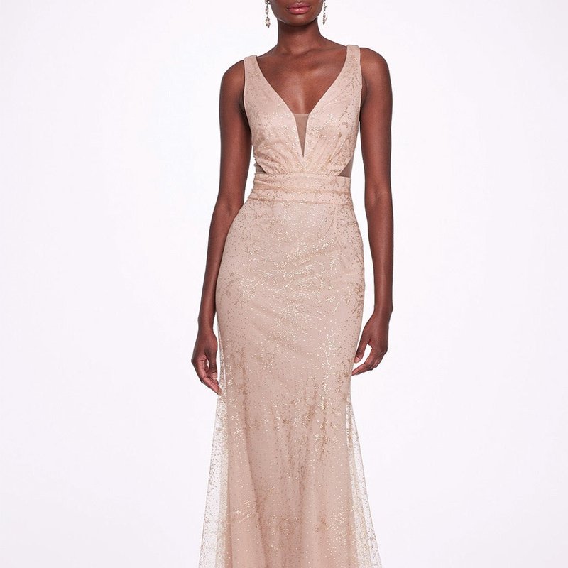 Shop Marchesa Sleeveless V-neck Glitter Gown In Pink