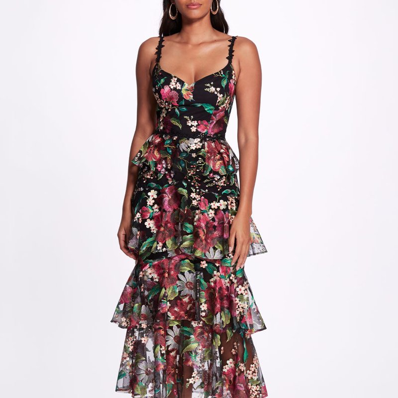 MARCHESA TIERED EMBROIDERED TEA LENGTH GOWN