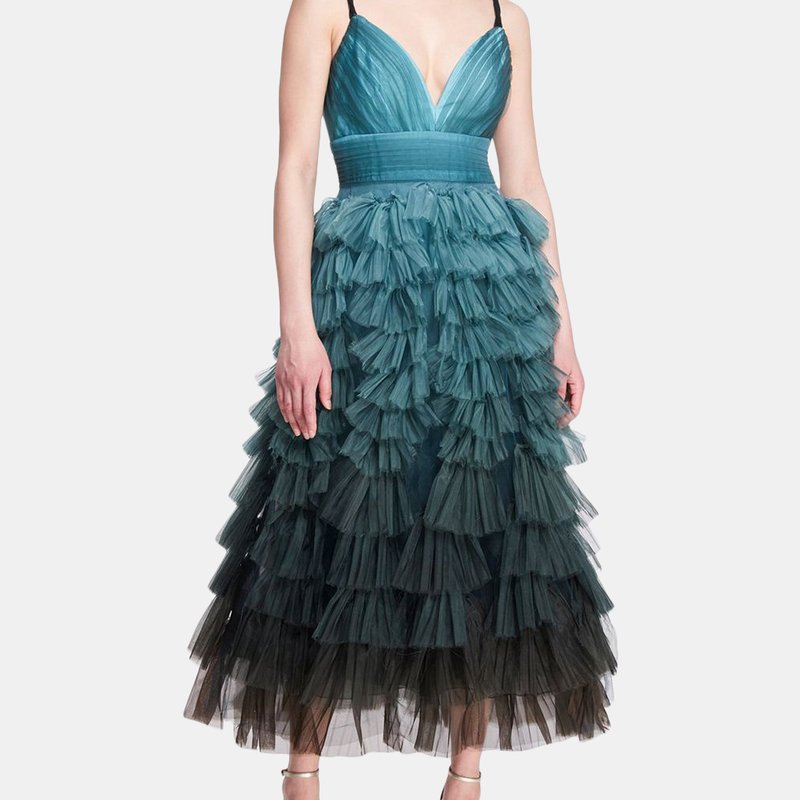 Shop Marchesa Tiered Ruffle Gown In Green