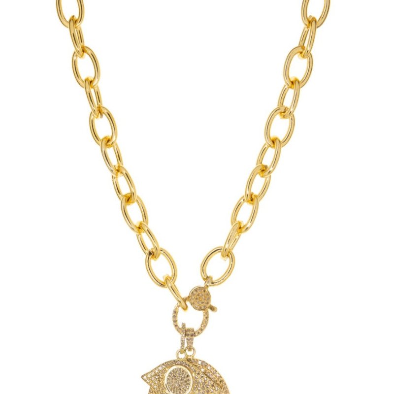 Marlyn Schiff Gold Oval Link Chain Pave Clasp Necklace With Pave Diamond Evil Eye Charm And Round Charm With Diamo
