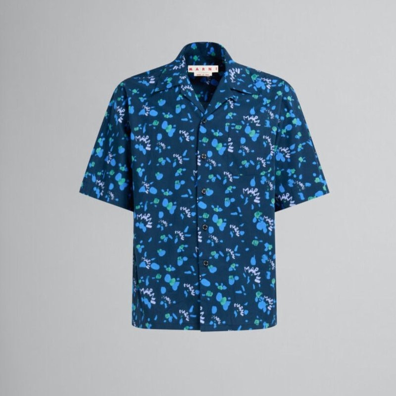 Shop Marni Poplin Bowling Shirt With  Dripping Print In Blue