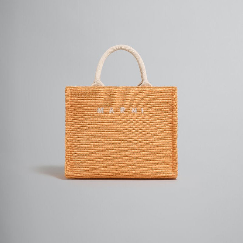 Shop Marni Raffia-effect Small Tote Bag In Orange