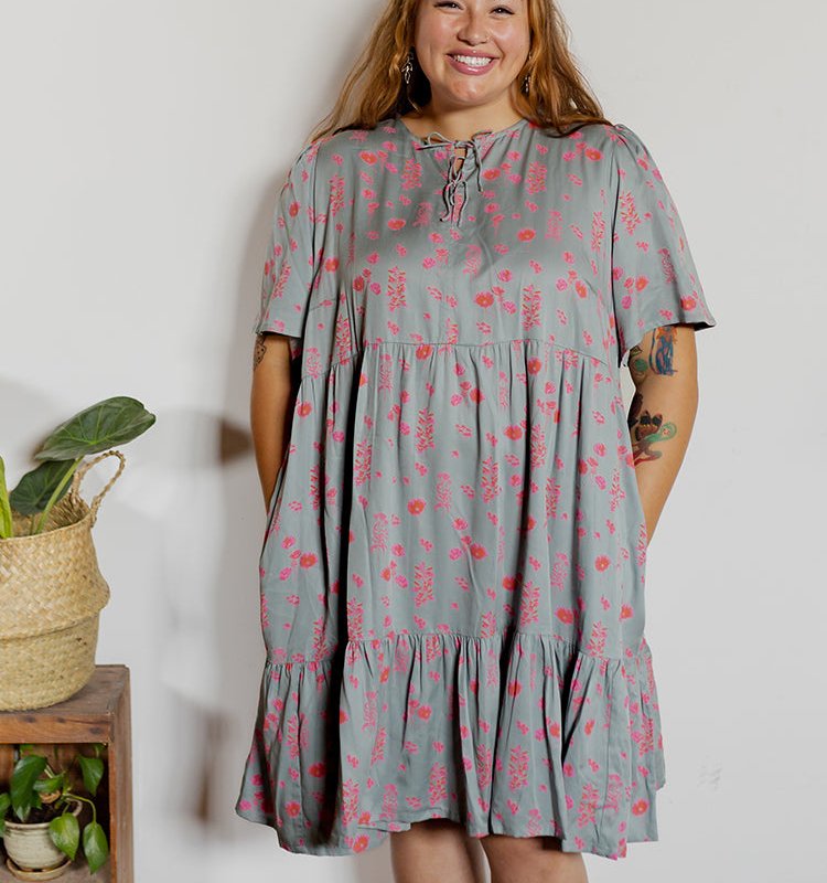 Mata Traders Adelaide Tiered Plus Size Mini Dress Botanical Slate In Grey