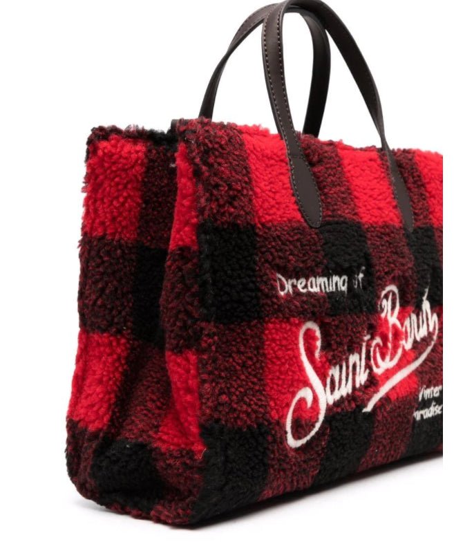 Shop Mc2 St Barth Women's Red Black Check Wool Leather Tote Handbag