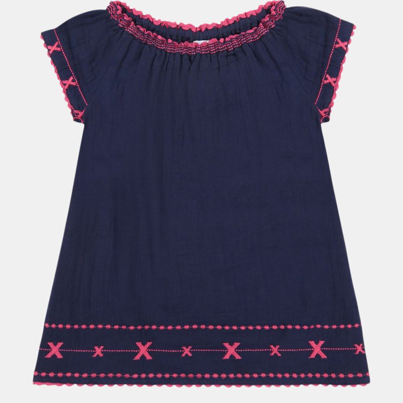 Mer St. Barth Hadley Girls Smocked Tunic Dress Embroidery In Navy