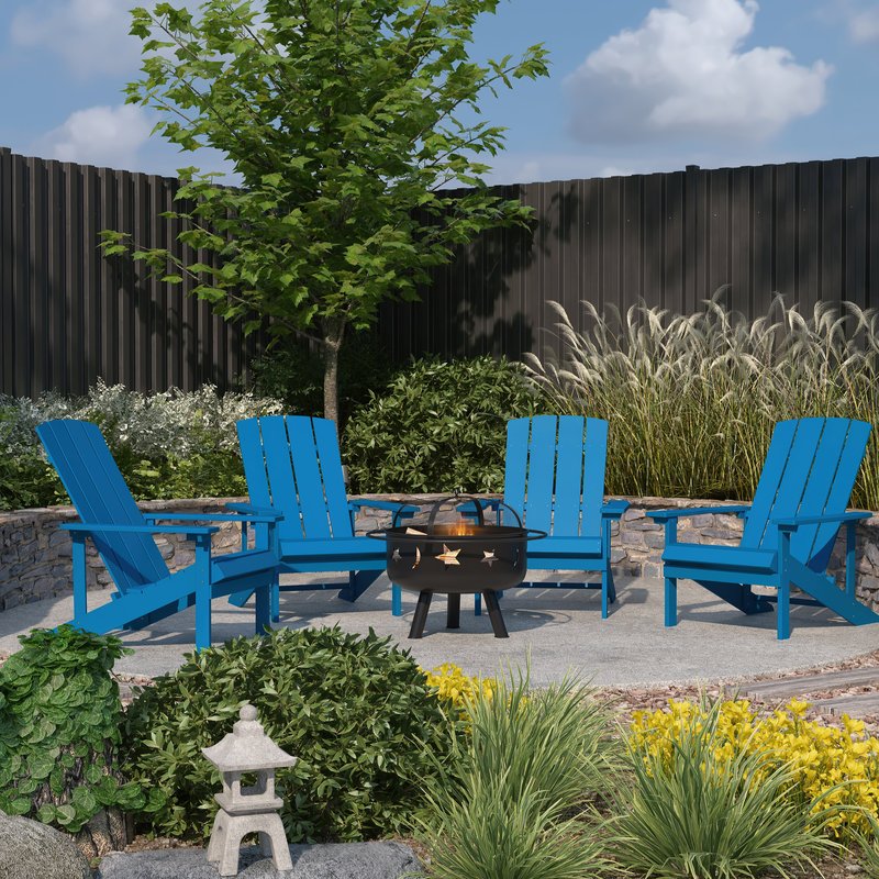 Merrick Lane Ayala 5 Piece Outdoor Leisure Set With Set Of 4 Blue Poly Resin Adirondack Chairs And Star And Moon 