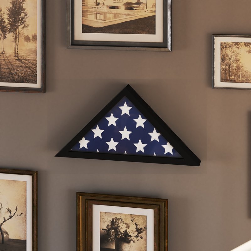 Merrick Lane Sabore Black Solid Wood Military Memorial Flag Display Case For 9.5' X 5' American Veteran Flag