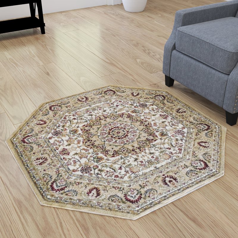 Merrick Lane Traditional Maidon 4' X 4' Persian Style Floral Medallion Motif Octagon Olefin Area Rug With Jute Ba In White