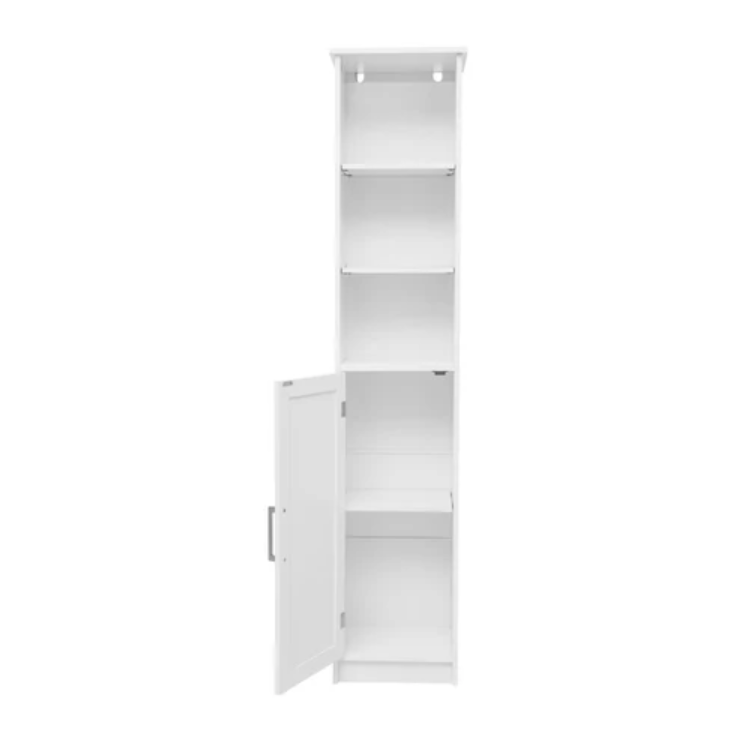 Merrick Lane Vigo Slim Linen Tower Organizer With 2 Adjustable Cabinet Shelves, 3 Open Shelves, And Magnetic Clos In White