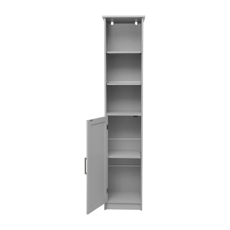 Merrick Lane Vigo Slim Linen Tower Organizer With 2 Adjustable Cabinet Shelves, 3 Open Shelves, And Magnetic Clos In Gray