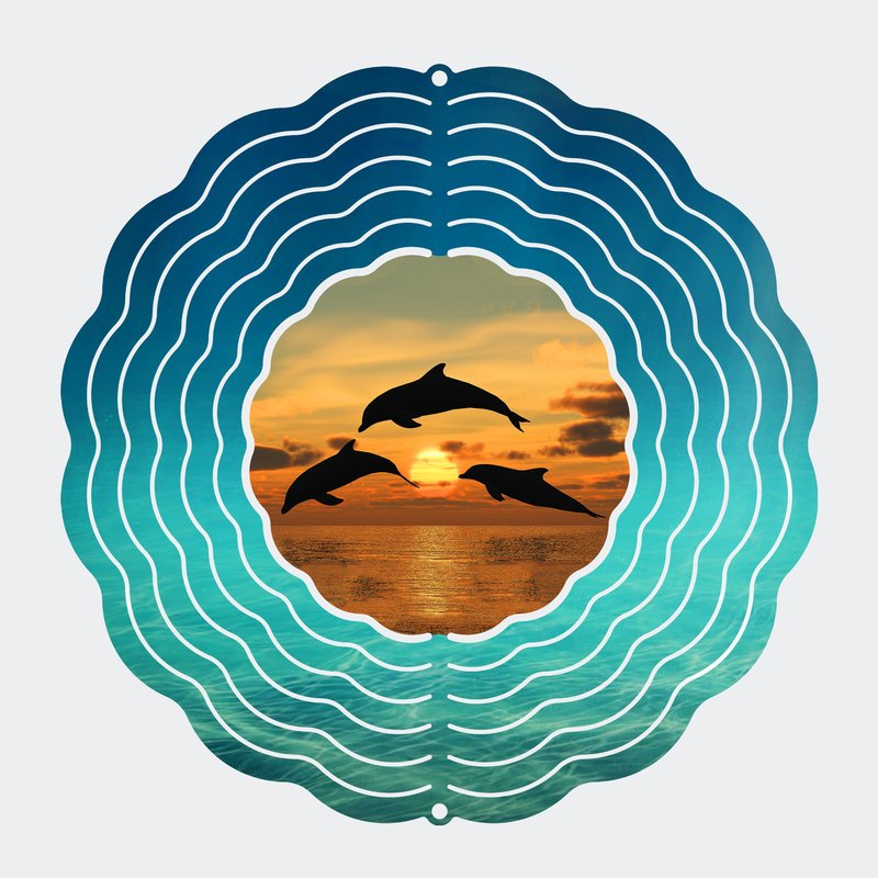 Metal Art Maker Dolphin Sunset Wind Spinner In Blue