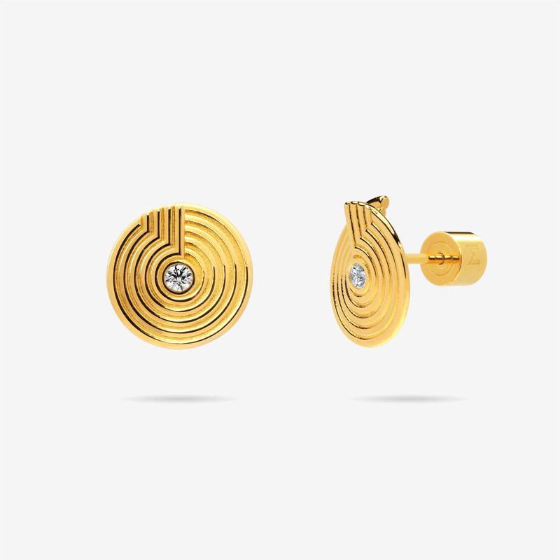 Meulien Open Twist Disc Stud Earrings With Engraved Circles And Cz In Gold