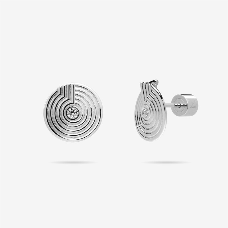 Meulien Open Twist Disc Stud Earrings With Engraved Circles And Cz In Grey