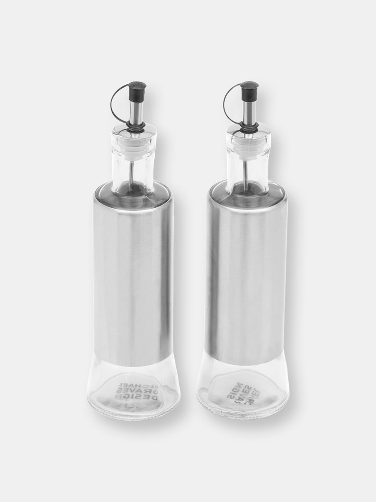 Michael Graves Design Essence 2 Piece 10 Ounce Stainless Steel Oil and Vinegar Set with Clear Glass Bottoms, Silver