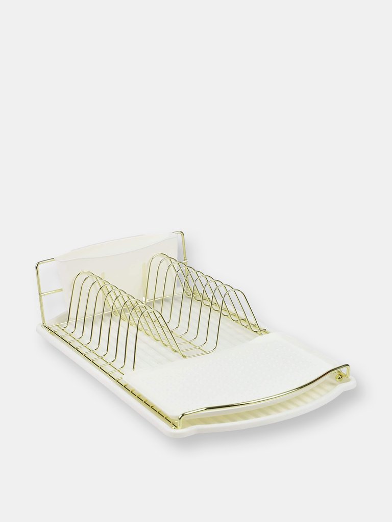 Michael Graves Design Gold Finish Steel Wire Compact Dish Rack with Oversized Utensil Holder, White