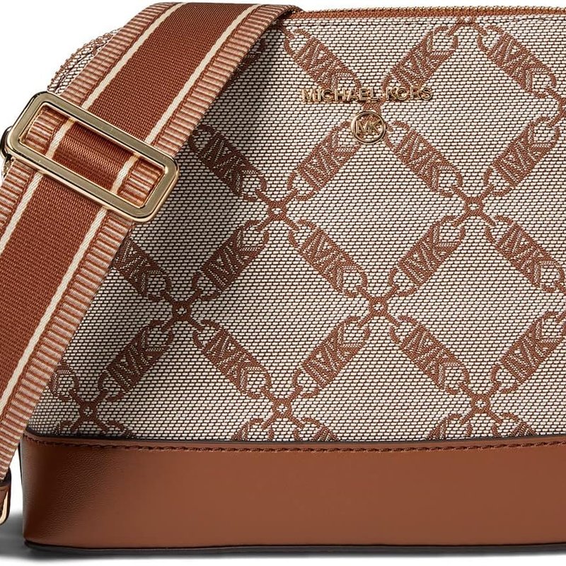 Shop Michael Kors Jet Set Charm Large Dome Crossbody With Web Strap Natural/luggage In Orange