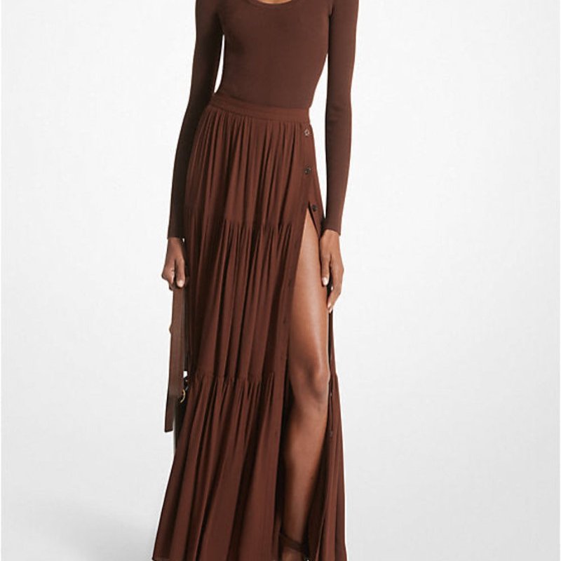 Shop Michael Kors Silk Georgette Button-front Skirt In Brown