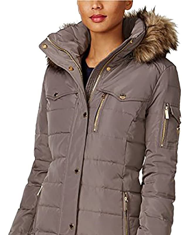 Michael Kors Women Flannel Down 3/4 Puffer Coat With Faux Fur And Hood In Brown