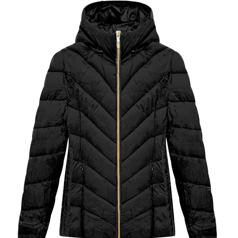 Michael Kors Women's Black Chevron Quilted Short Packable Jacket Coat