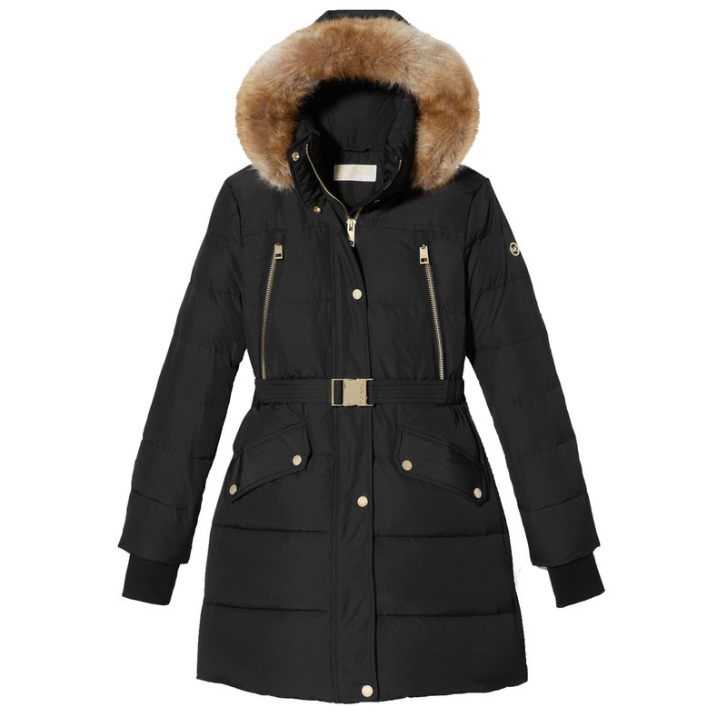 Shop Michael Kors Women's Black Down Belted Puffer Coat 3/4 Length