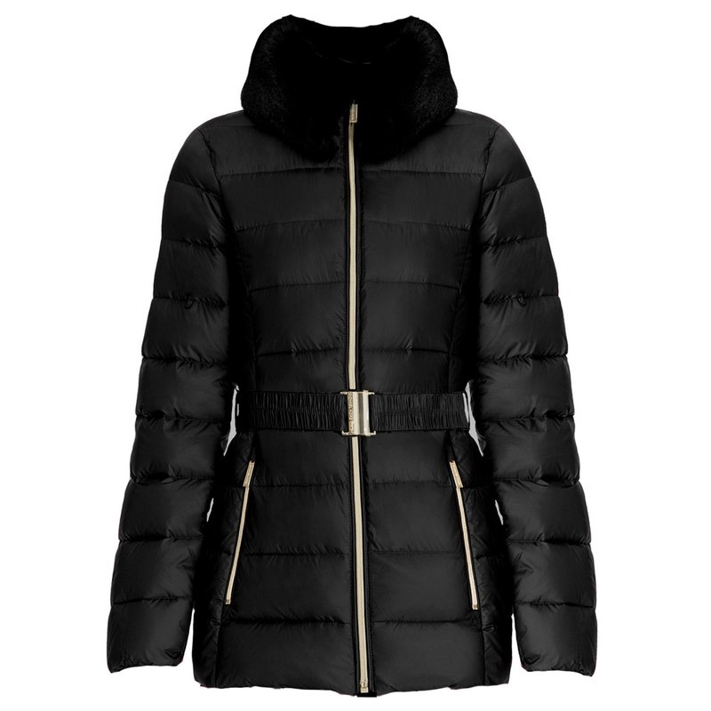 Shop Michael Kors Women's Black Faux Fur Collar Belted Lightweight Down Puffer Coat