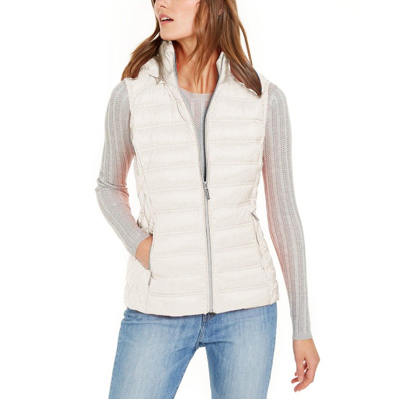 Shop Michael Kors Women's Bone White Down Sleeveless Puffer Vest With Removable Hood