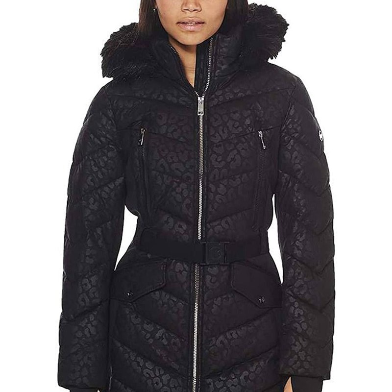 Shop Michael Kors Women's Logo Leopard Belted Hood Puffer Coat Black Animal