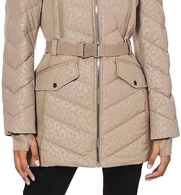 Shop Michael Kors Women's Logo Lepaord Belted Hood Puffer Coat In Brown