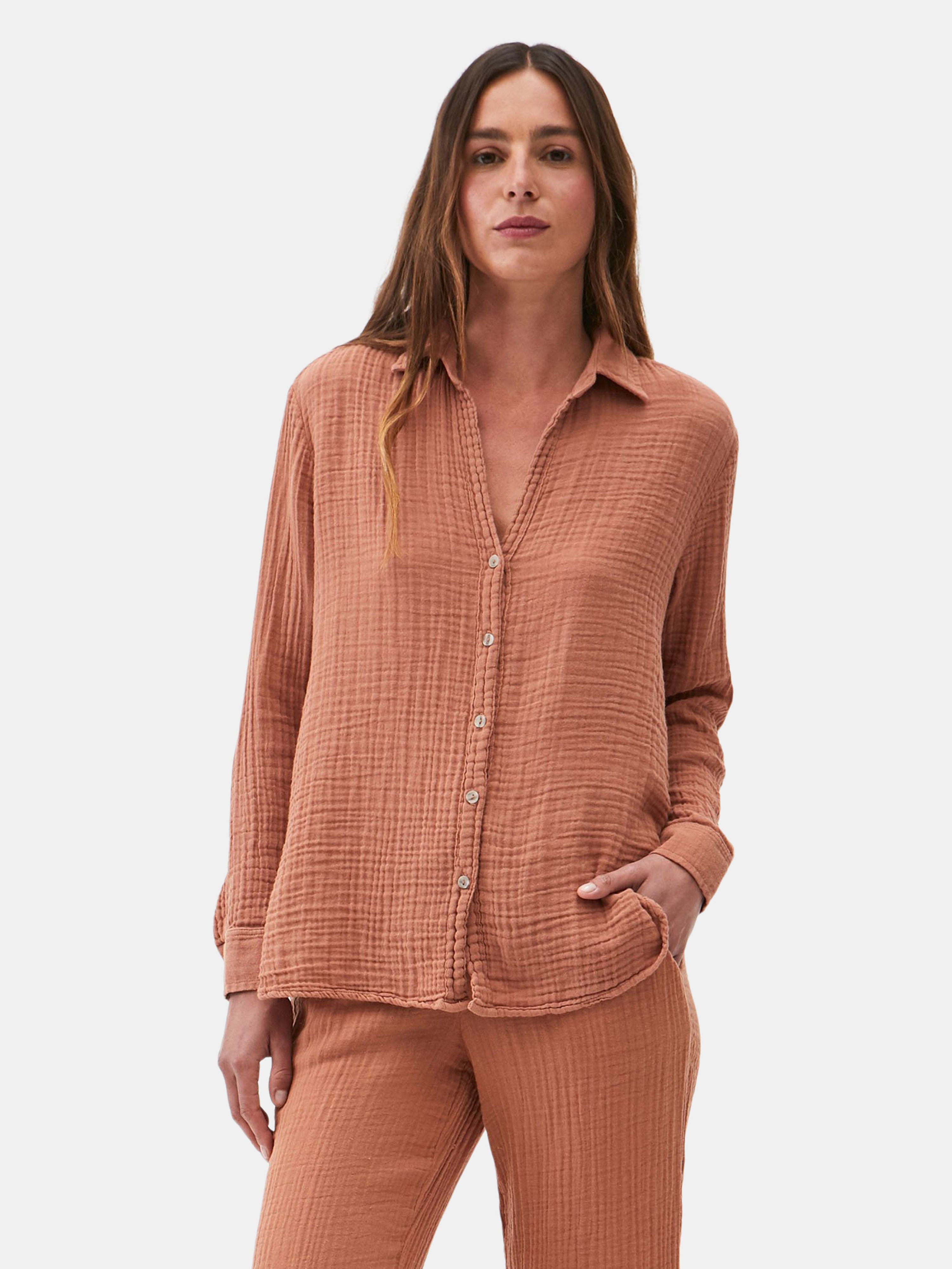 Michael Stars Gauze Button Down Top In Brown