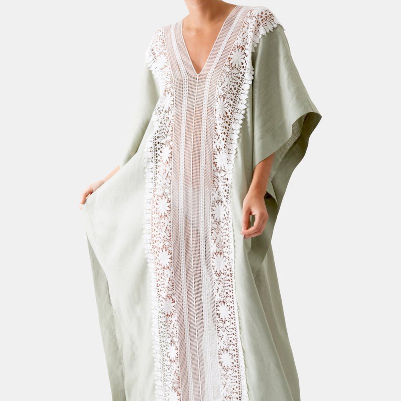 Miguelina Brea Caftan With New Flower Lace In Sage In Green