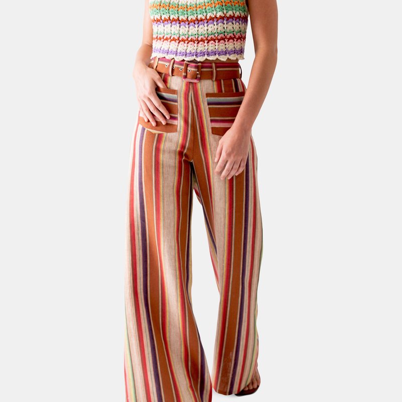 Miguelina + Net Sustain Rita Belted Striped Linen Wide-leg Pants In Brown