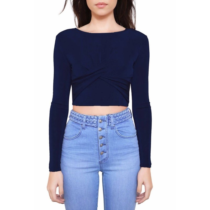 Shop Minkpink Stretch Twist Wrap Front Long Sleeve Crop Top Sweater In Blue