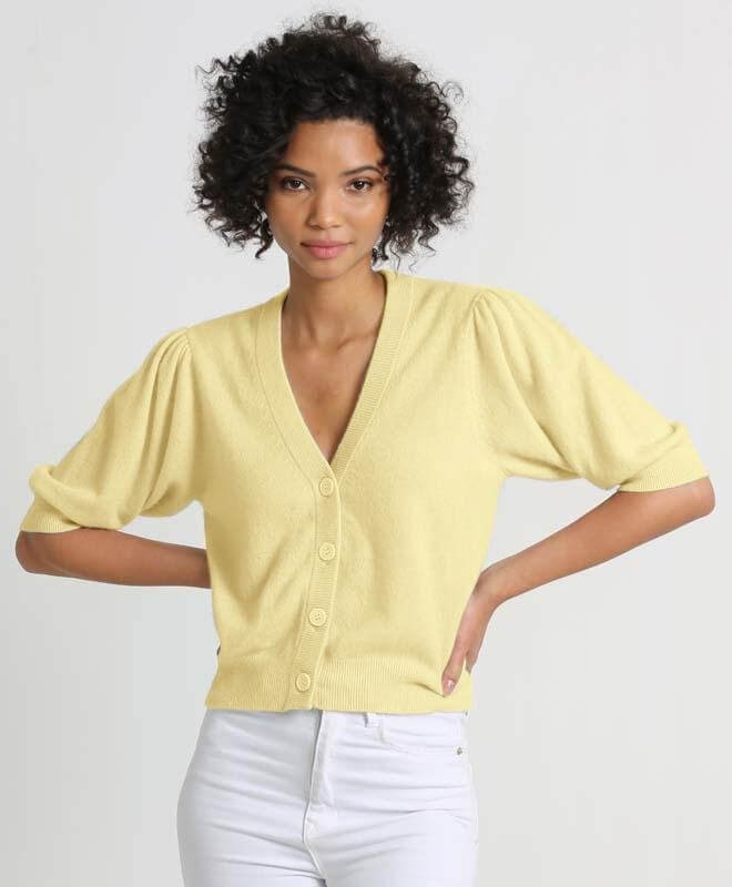 Shop Minnie Rose Cashmere Cropped Puff Sleeve Cardigan In Yellow