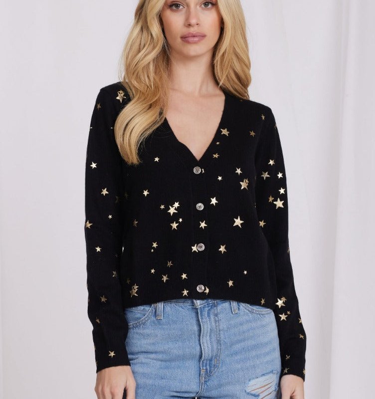 Shop Minnie Rose Cashmere Foil Star Cardigan In Yellow