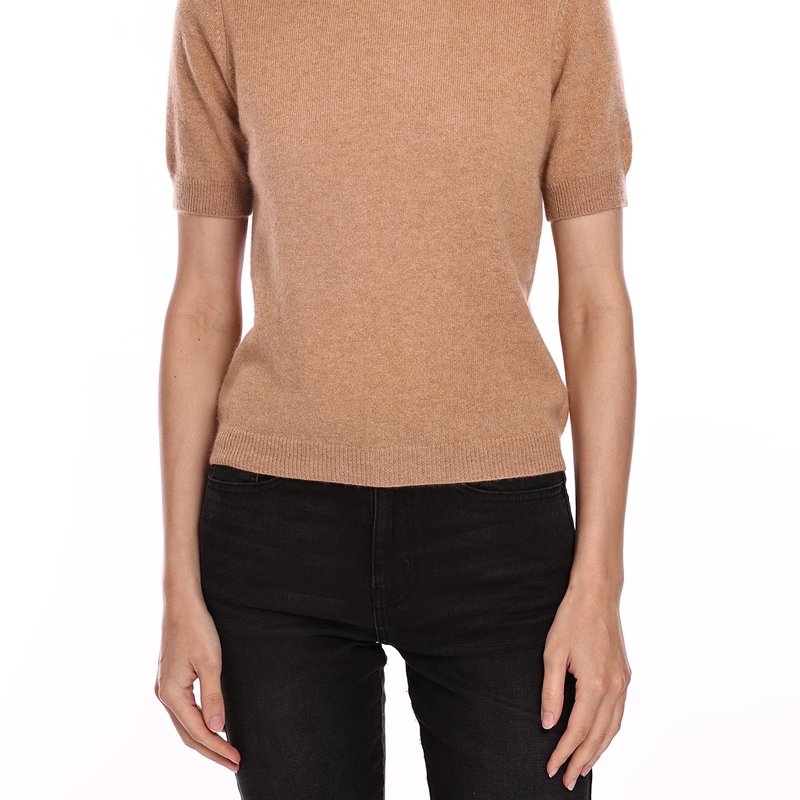 Minnie Rose Cashmere Short Sleeve Mock Neck Top In Brown