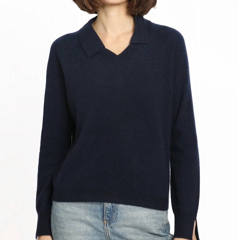 Shop Minnie Rose Cashmere V-neck Pullover Wth Collar In Blue