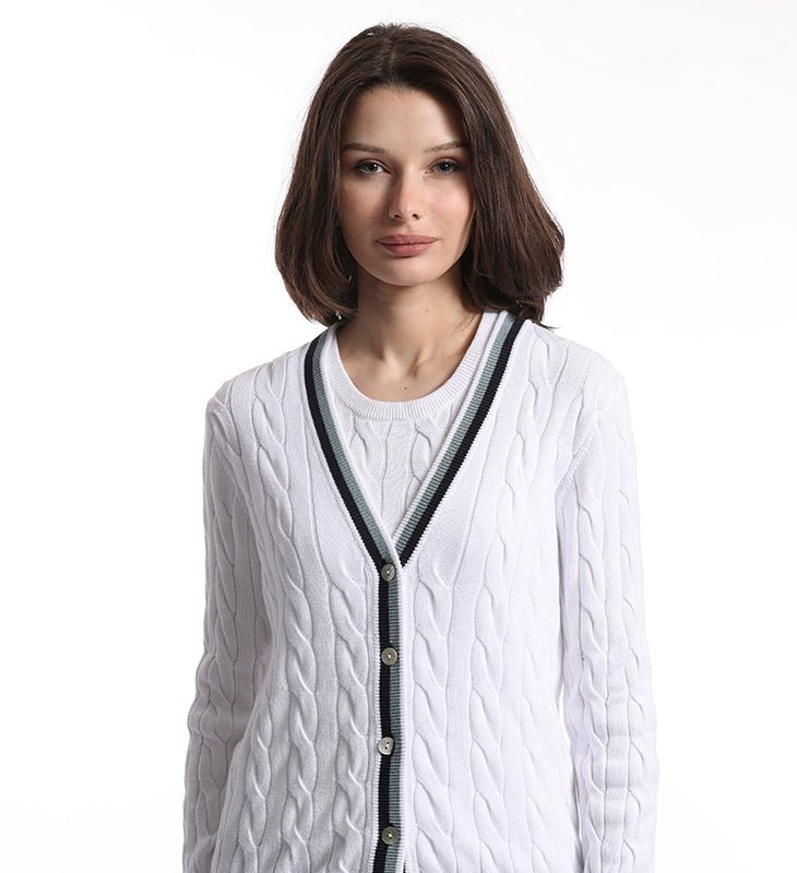 Shop Minnie Rose Cotton Cable Cardigan With Striped Detail In White