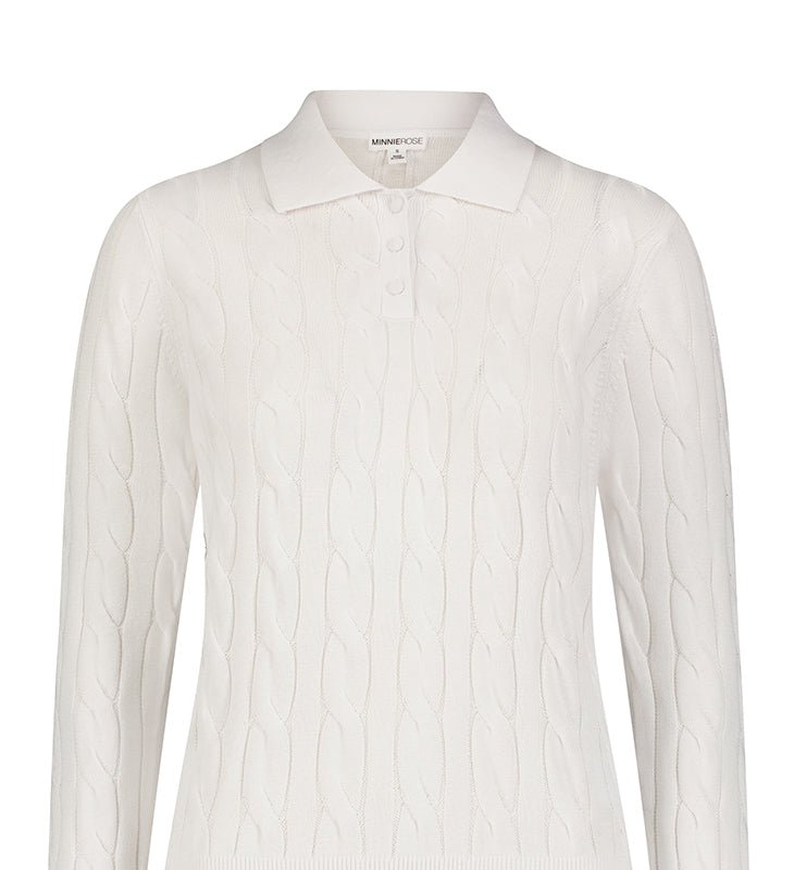 Minnie Rose Cotton Cable Long Sleeve Polo In White