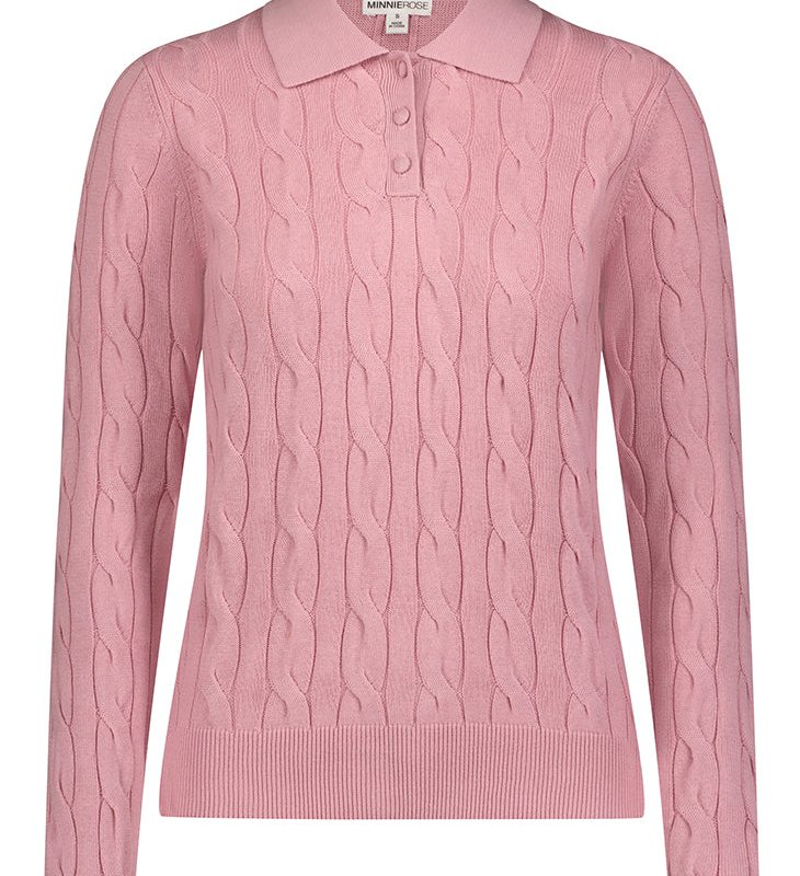 Minnie Rose Cotton Cable Long Sleeve Polo In Pink