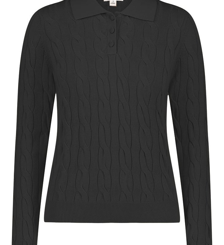 Minnie Rose Cotton Cable Long Sleeve Polo In Black