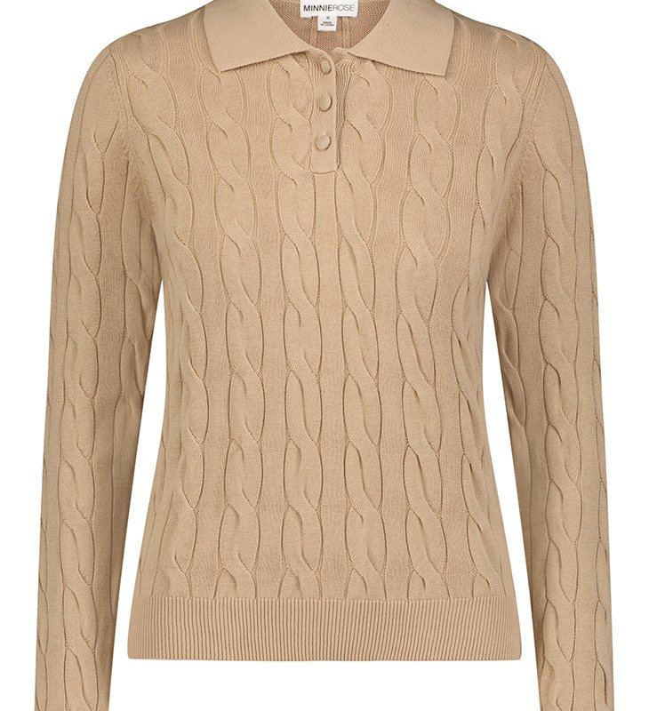 Minnie Rose Cotton Cable Long Sleeve Polo In Brown