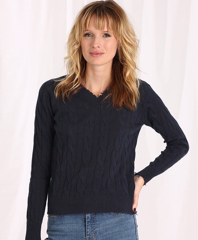 Minnie Rose Cotton Cable Long Sleeve V-neck With Frayed Edges In Blue