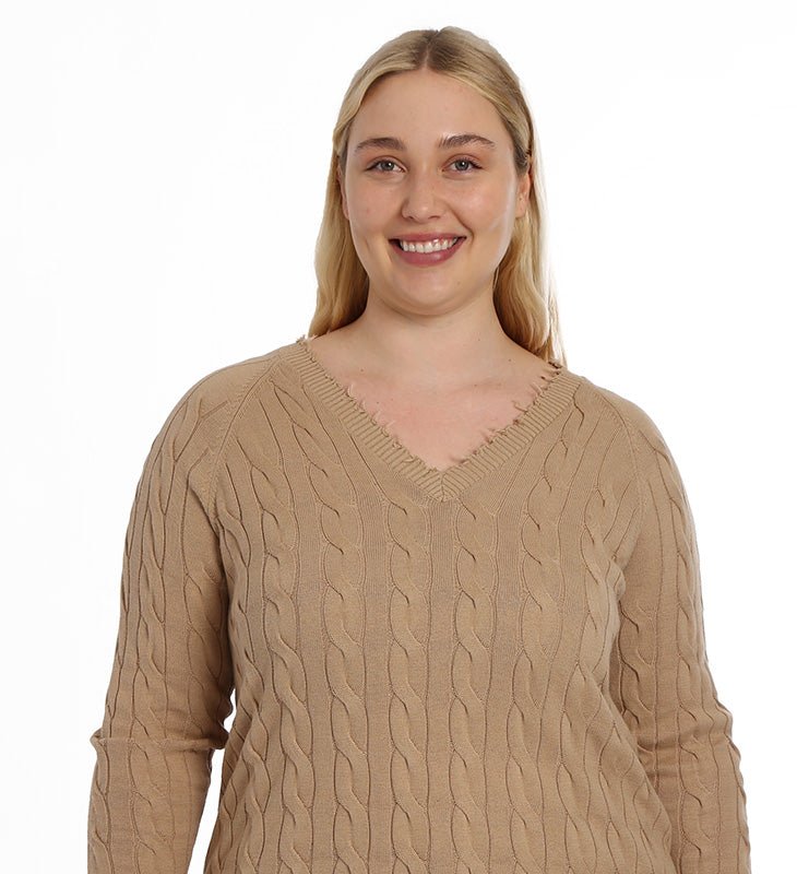 Minnie Rose Cotton Cable Plus Vneck Frayed Edge Sweater In Neutral