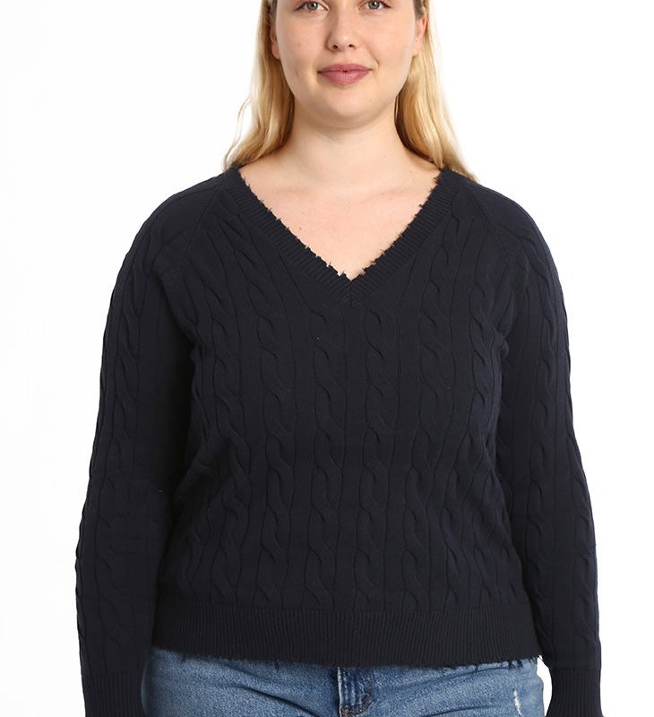Minnie Rose Cotton Cable Plus Vneck Frayed Edge Sweater In Blue