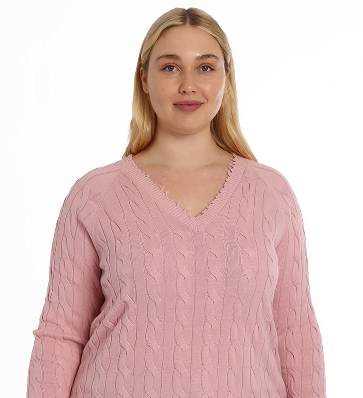 Minnie Rose Cotton Cable Plus Vneck Frayed Edge Sweater In Pink
